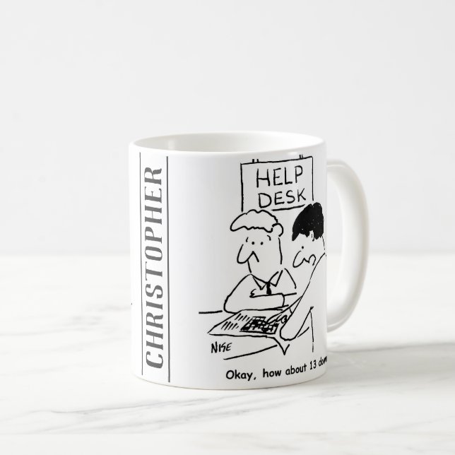 Crossword enthusiast asks at a help desk coffee mug (Front Right)