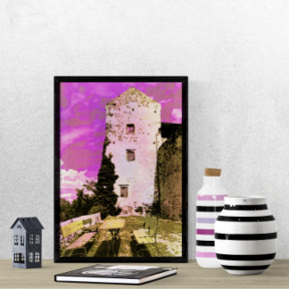 Crouching Under the Pink Sky Surrealist Watercolor Poster