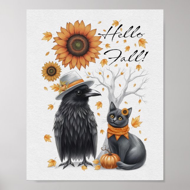 Crow and Cat Autumn Thanksgiving Crow Poster (Front)