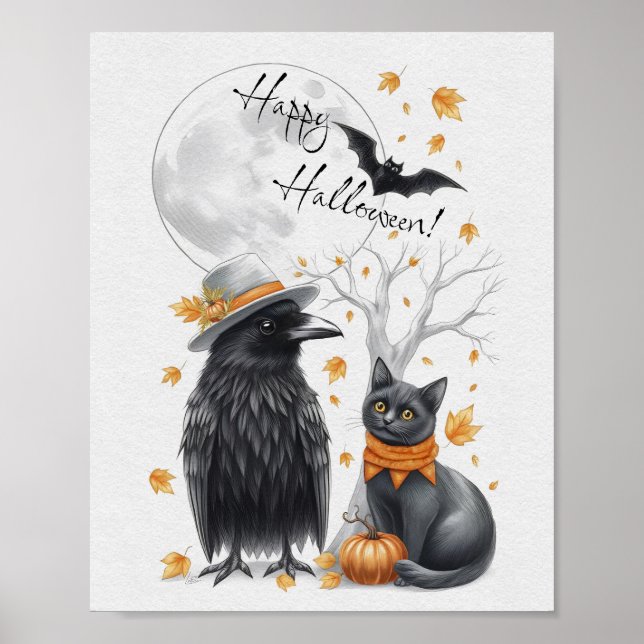 Crow and cat Halloween Crow Poster (Front)