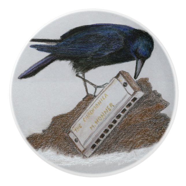 Crow and Harmonica Ceramic Knob (Front)