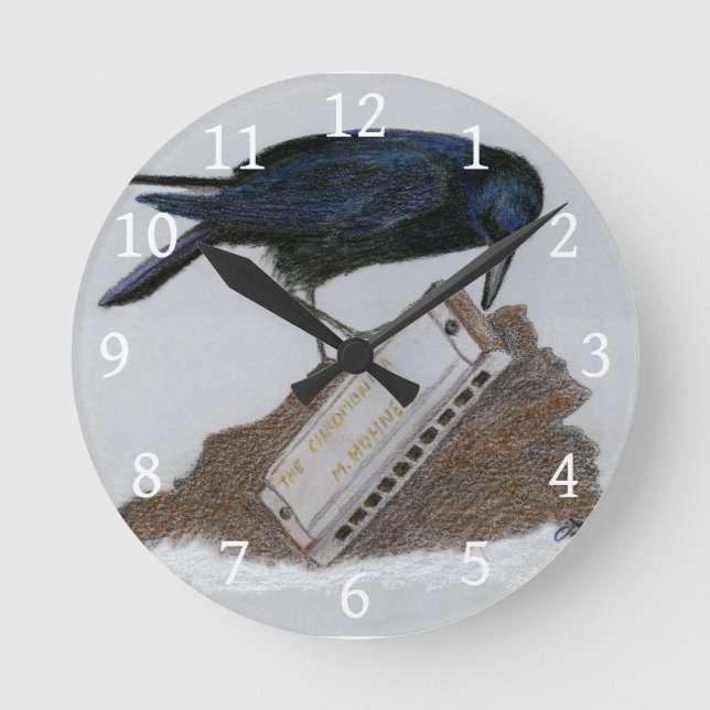 Crow and Harmonica Round Clock (Front)