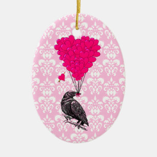 Crow and heart on pink damask ceramic tree decoration