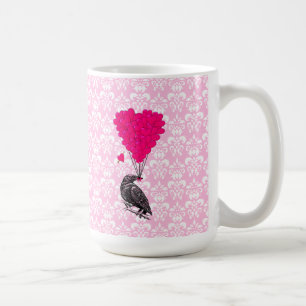 Crow and heart on pink damask coffee mug