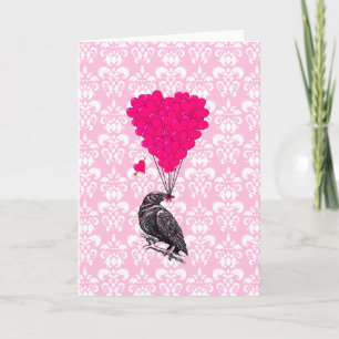 Crow and heart on pink damask holiday card
