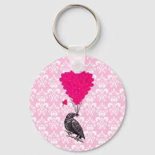 Crow and heart on pink damask key ring