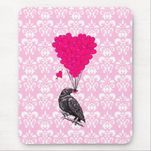 Crow and heart on pink damask mouse mat