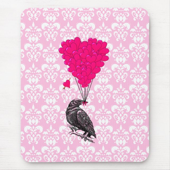 Crow and heart on pink damask mouse mat (Front)