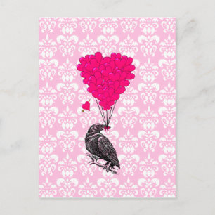 Crow and heart on pink damask postcard