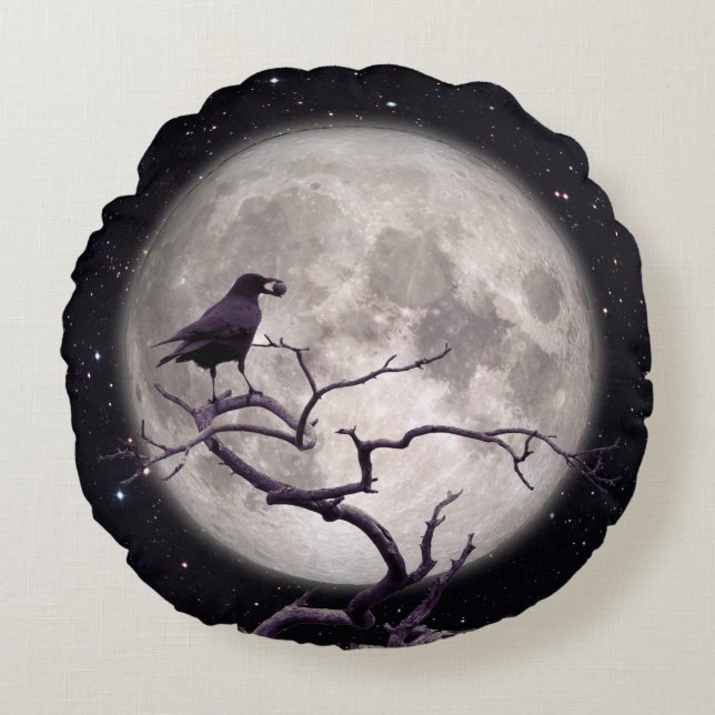 Crow and Moon, Crow Art, Raven, Gothic, Night Round Cushion (Front)