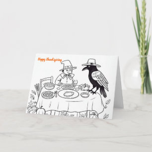 Crow and pilgrim at thanksgiving table  card