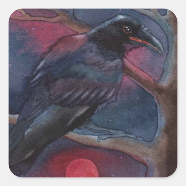 Crow and Red Moon Rising Square Sticker (Front)