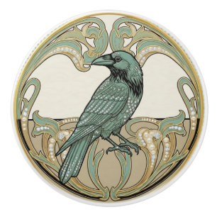 Crow Bird Sage Green & Gold Art Deco Nouveau Ceramic Knob