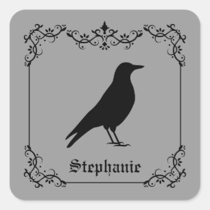 Crow Bird Silhouette And Decorative Swirls Grey Square Sticker