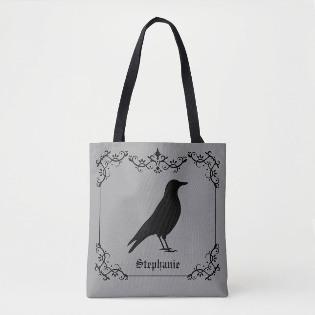 Crow Bird Silhouette And Decorative Swirls Grey Tote Bag (Front)