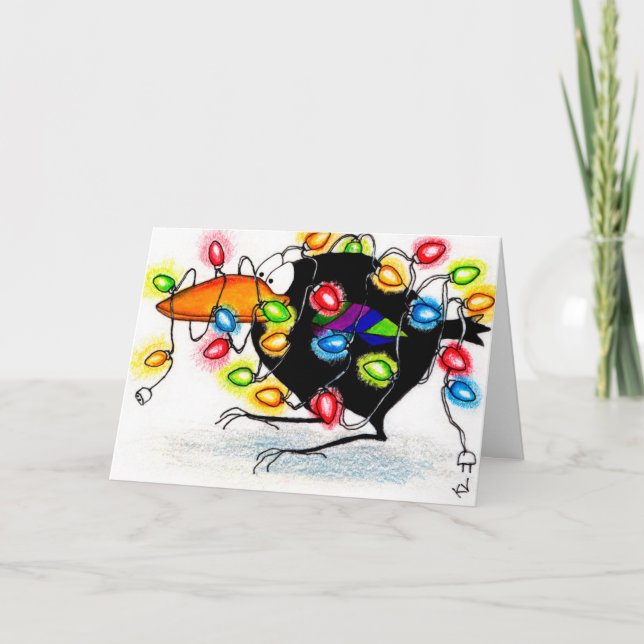 Crow cartoon funny Christmas lights card (Front)