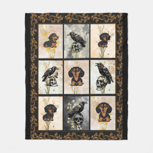 Crow Dachshund Skull Dark Cottagecore Floral Fleece Blanket