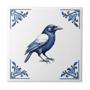 Crow Delft Blue and White Floral Corners Bird Tile