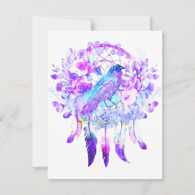 Crow Dreamcatcher Blue Purple Floral Card (Front)
