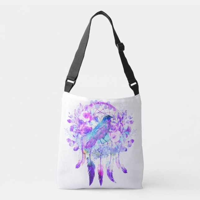 Crow Dreamcatcher Blue Purple Floral Crossbody Bag (Front)