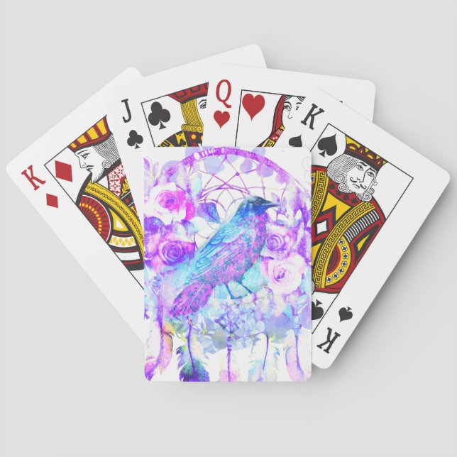 Crow Dreamcatcher Blue Purple Floral Playing Cards (Back)