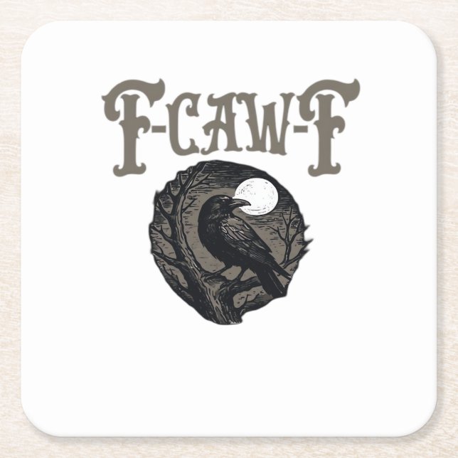 Crow, F-Caw-F Funny Bird Moon Gothic Retro Graphic Square Paper Coaster (Front)