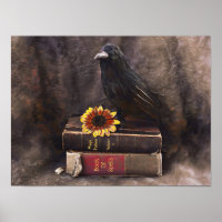 Crow Gothic Vintage Old Books Sunflower Floral