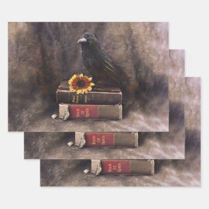 Crow Gothic Vintage Old Books Sunflower Floral Wrapping Paper Sheet