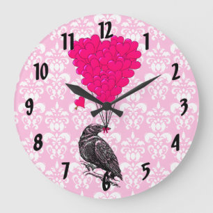 Crow & heart on pink damask large clock
