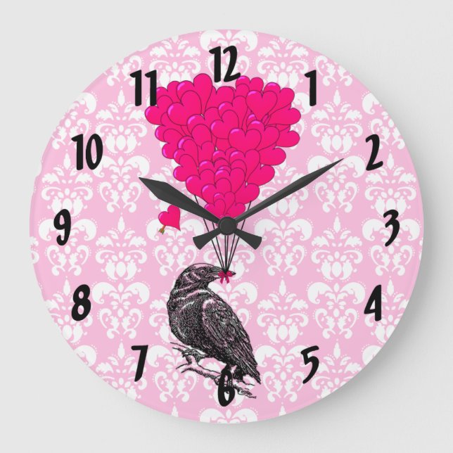 Crow & heart on pink damask large clock (Front)