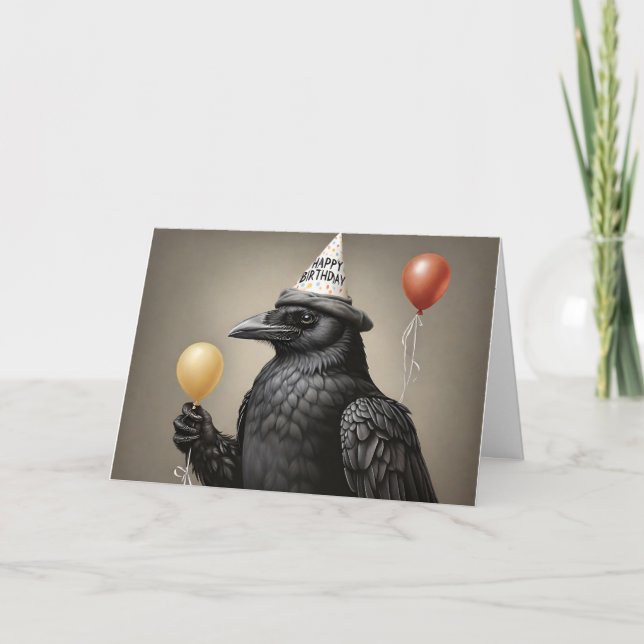 Crow holding yellow balloon happy birthday hat card (Front)