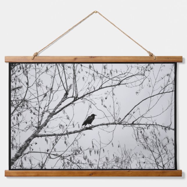 Crow in a Birch Tree Hanging Tapestry (Front)
