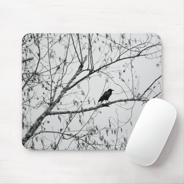 Crow in a Birch Tree Mouse Mat (With Mouse)