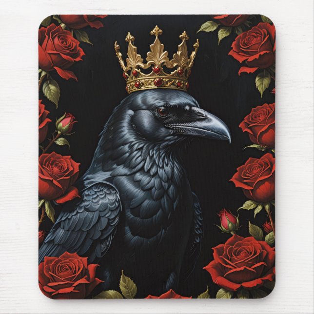 Crow in A Gold Crown Ruby Red Roses Mouse Mat (Front)