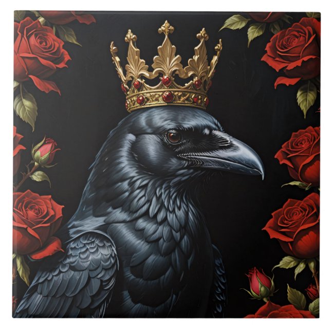 Crow in A Gold Crown Ruby Red Roses Tile (Front)