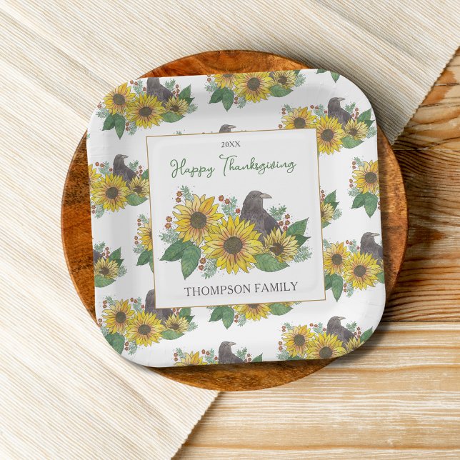 Crow in Autumn Flowers Family Thanksgiving Dessert Paper Plate (Thanksgiving dessert plates)