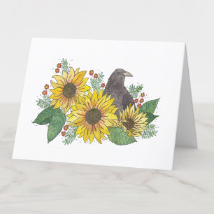 Crow in Sunflowers Watercolor Blank Card