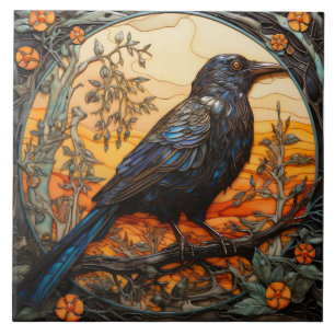 Crow Inspired Bird with Amber Glass Effect Tile