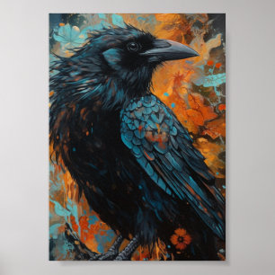 Crow on Blue and Orange Background Poster