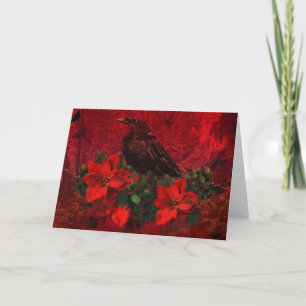 Crow on Poinsettias and Holly Christmas Card