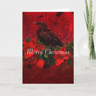 Crow on Poinsettias and Holly Christmas Card