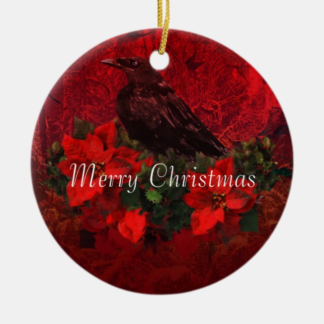 Crow on Poinsettias and Holly Christmas Ornament (Front)
