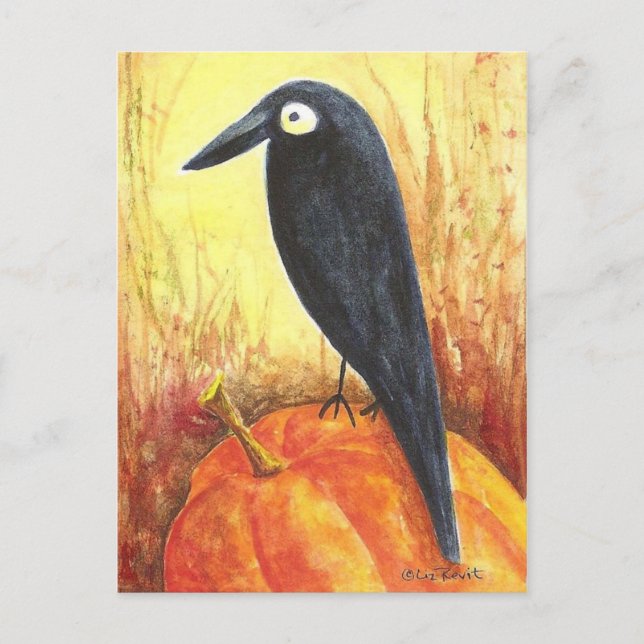 Crow on Pumpkin Postcard by Liz Revit (Front)