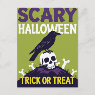 Crow on Skull Trick or Treat Halloween Holiday Postcard