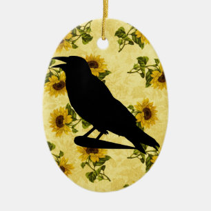 Crow on Sunflowers Ceramic Tree Decoration