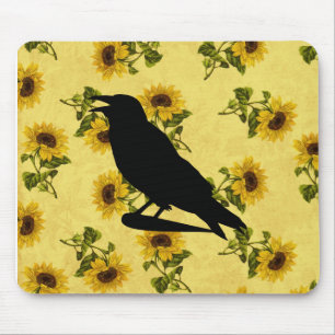 Crow on Sunflowers Mouse Mat