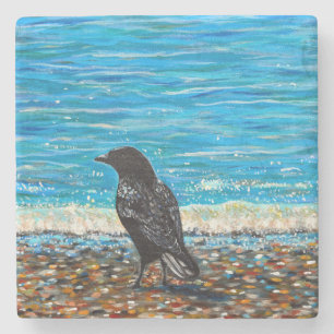 Crow on the Beach 3 Painting Stone Coaster