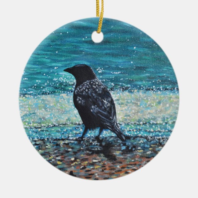 Crow on the Beach Painting Ceramic Tree Decoration (Front)