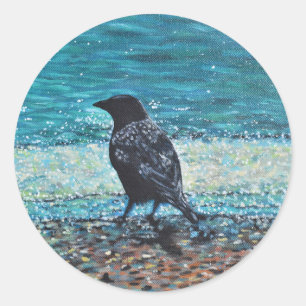 Crow on the Beach Painting Classic Round Sticker