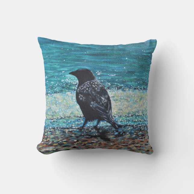 Crow on the Beach Painting Cushion (Front)